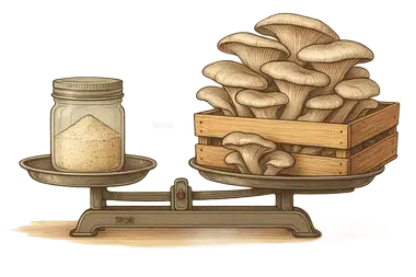 Abbildung: Ein Glas getrockneter Austernpilz (Pleurotus) entspricht einer Kiste frischer Ware auf einer Waage