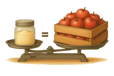Illustration: a jar of apple chips equals a crate of fresh produce on a scale