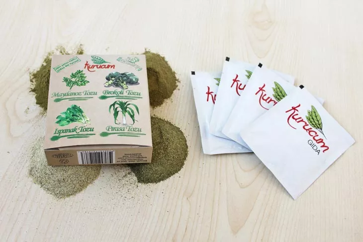 Dried Green Vegetable Powder Blend export-ready packs from Kurucum Food, Isparta