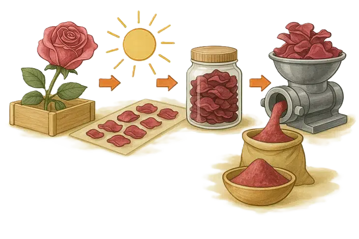 An image answering the question of what rose powder is and how it is made