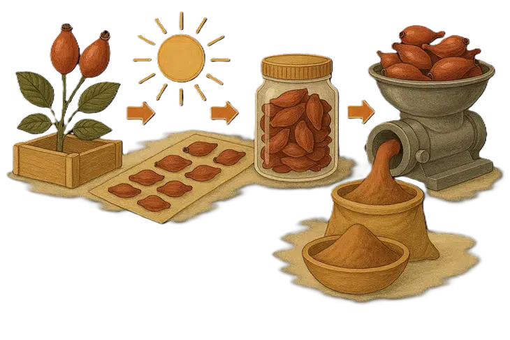 An image answering the question of what rosehip powder is and how it is made