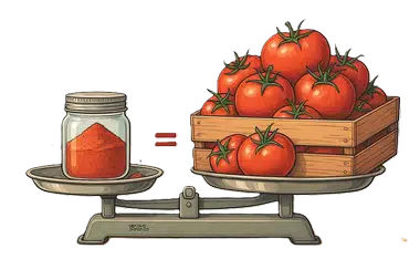 Illustration: a jar of tomato powder equals a crate of fresh produce on a scale
