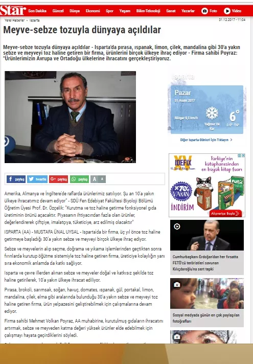 Star Gazetesi haberi, sayfa 1/3 – Kurucum Gıda