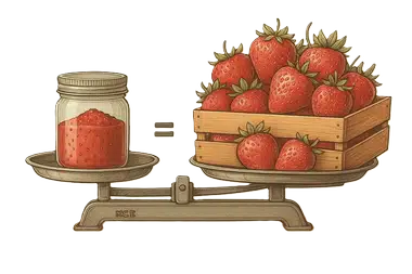 Ilustração: um frasco de chips de morango equivale a uma caixa de produtos frescos numa balança