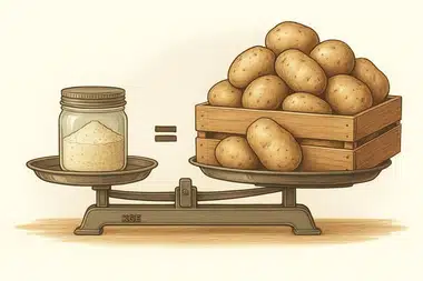 Ілюстрація: банка картопляного порошку дорівнює ящику свіжих овочів на вагах